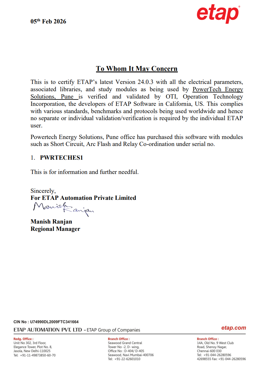 ETAP (Electrical Transient Analyser Program) certificate